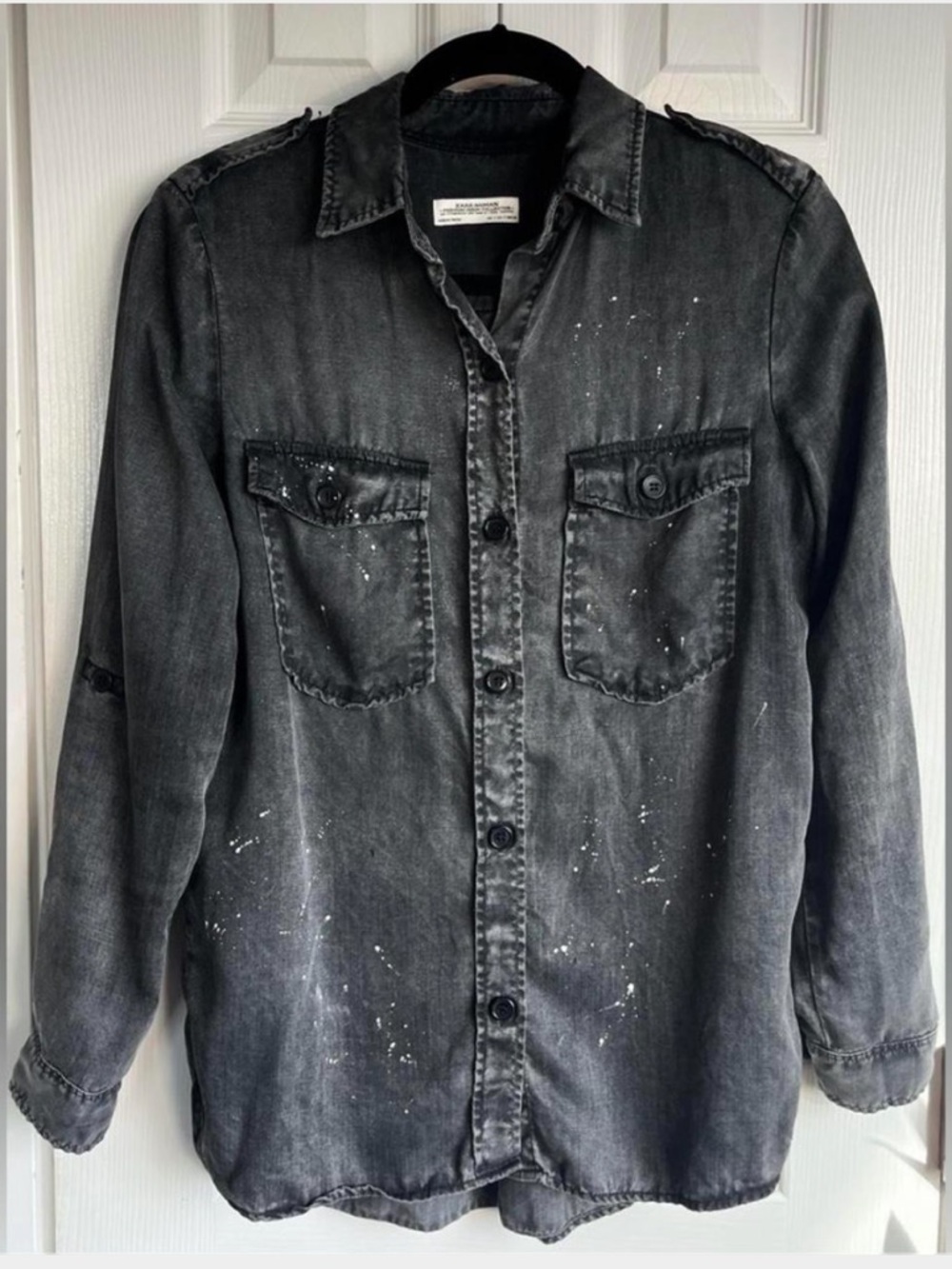 Zara Premium Denim Collection - Black Button-Down Shirt w/White Paint-Splatter